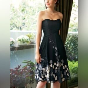 Belsoie Elegant Black Floral Strapless Knee Length Dress Size 14